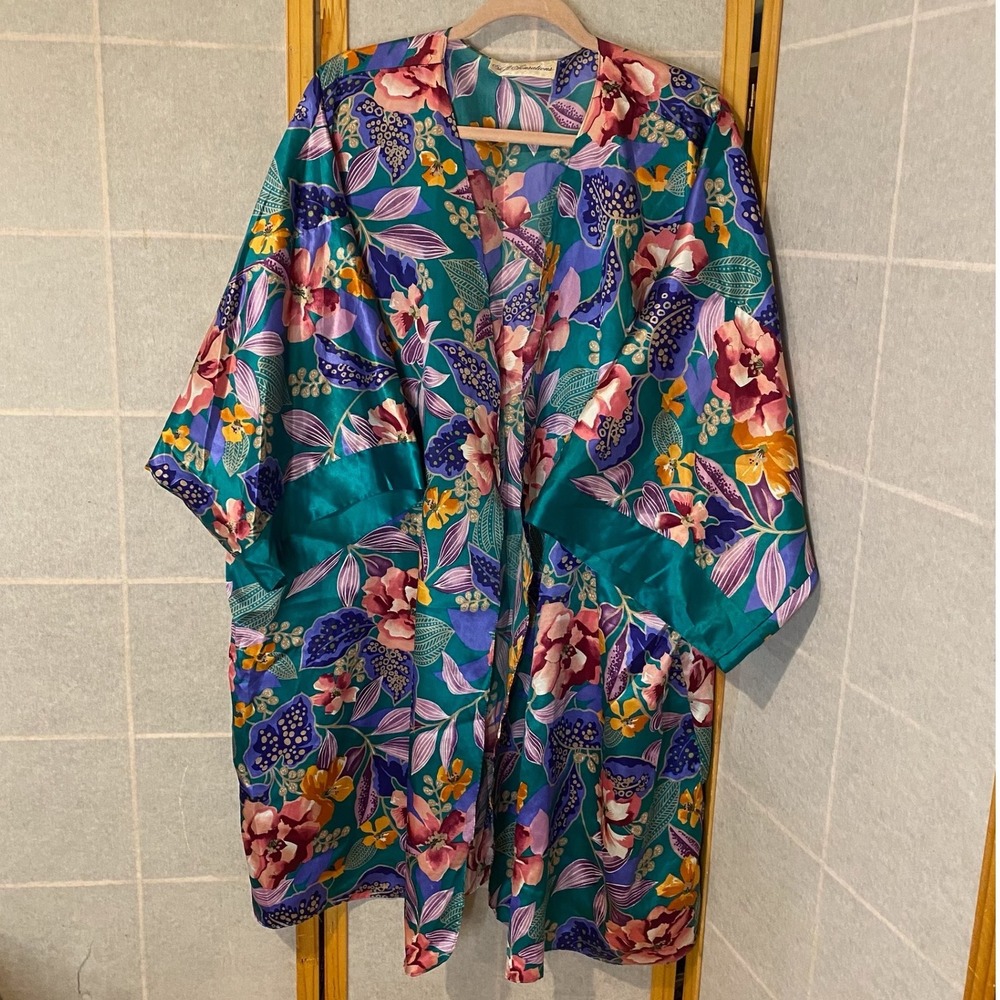 Soft Sensations‎ Womens 3X Teal Floral Satin Kimono Robe Lightweight USA Teal